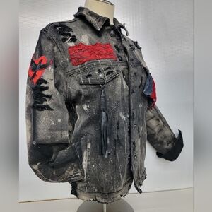 Distressed Jean Jacket With Raven Heart Skull & Lace Upcycled